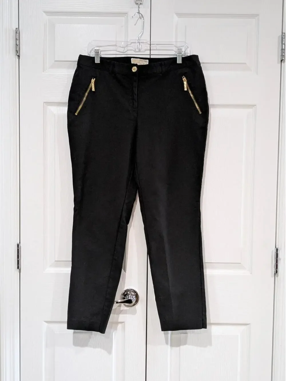 Michael Kors Women's Chino Pants Gold Zipper Pockets Black Size 12, Cotton Blend